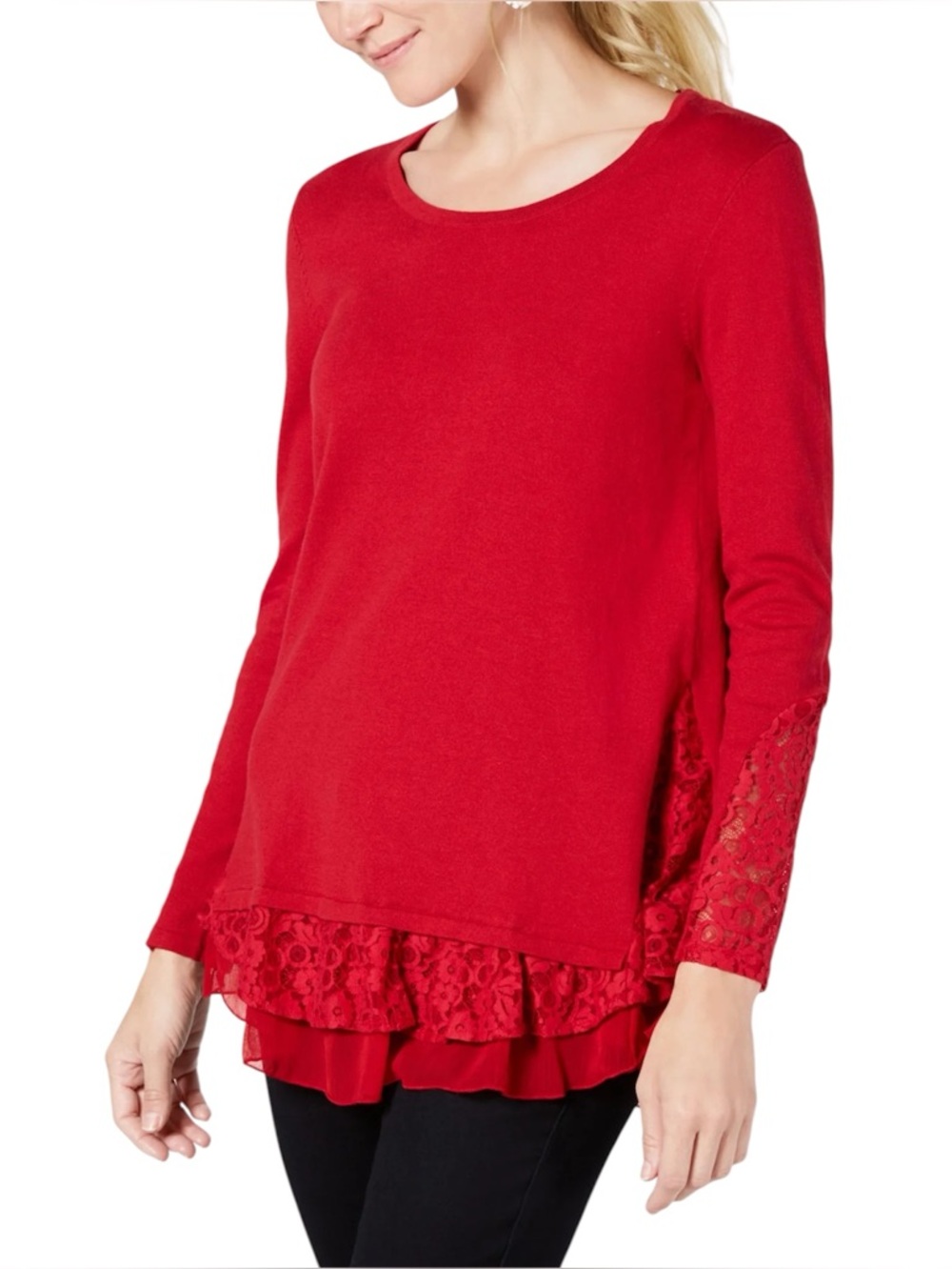 Style & Co Lace Trim Sweater Red Size XL